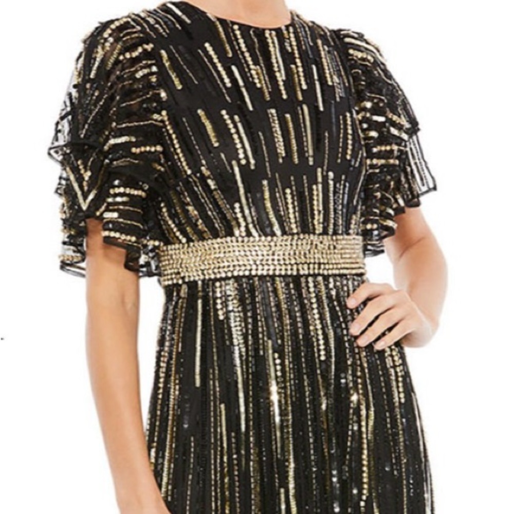 Mac Duggal 93582‎ Flare Sleeve Embellished Dress Black Gold Cap Sleeve - flaws